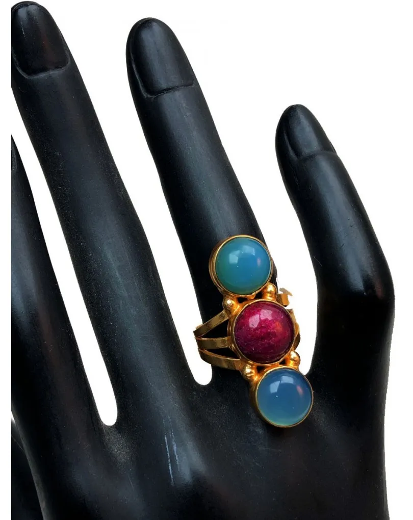 ANILLOS MUJER BAÑO DE ORO CON TRIO DE PIEDRAS NATURALES