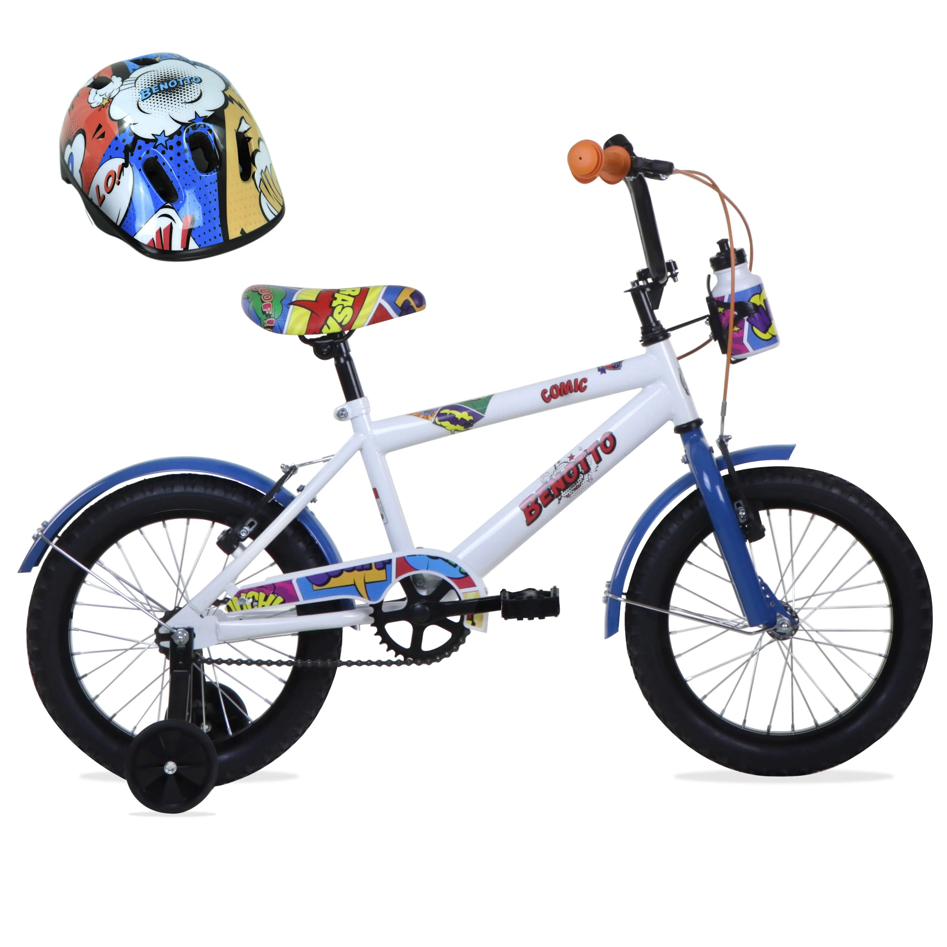 Bicicleta BENOTTO BMX COMIC R16 1V. Nio Ruedas Laterales, con Casco Acero Blanco/Azul Talla: UN