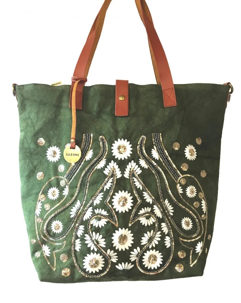 BOLSOS SHOPING VERDE MILITAR CON BORDADOS DE FLORES