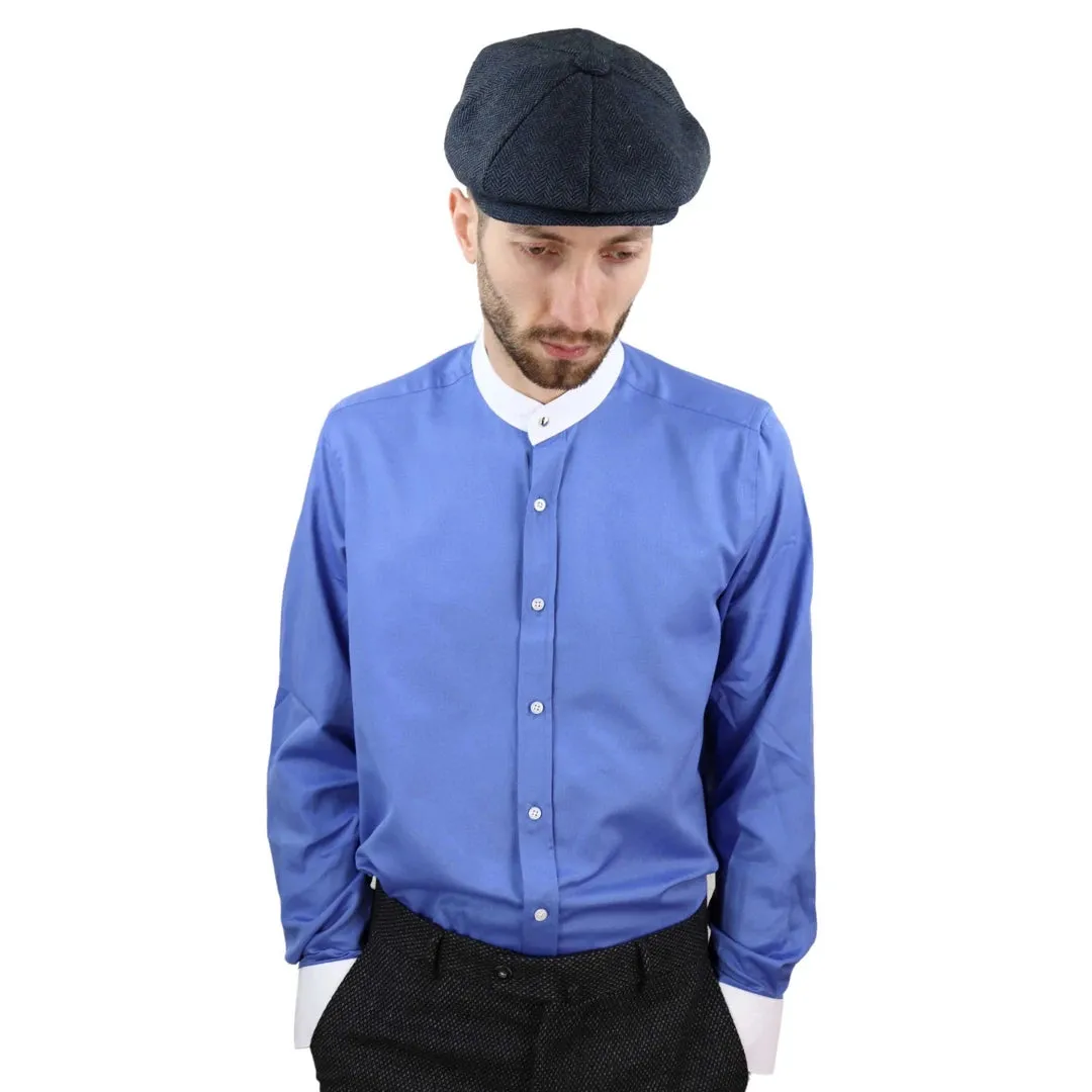 Camisa Blinders con tejido espiga con cuello Nehru extraíble y botón de centavo para hombres