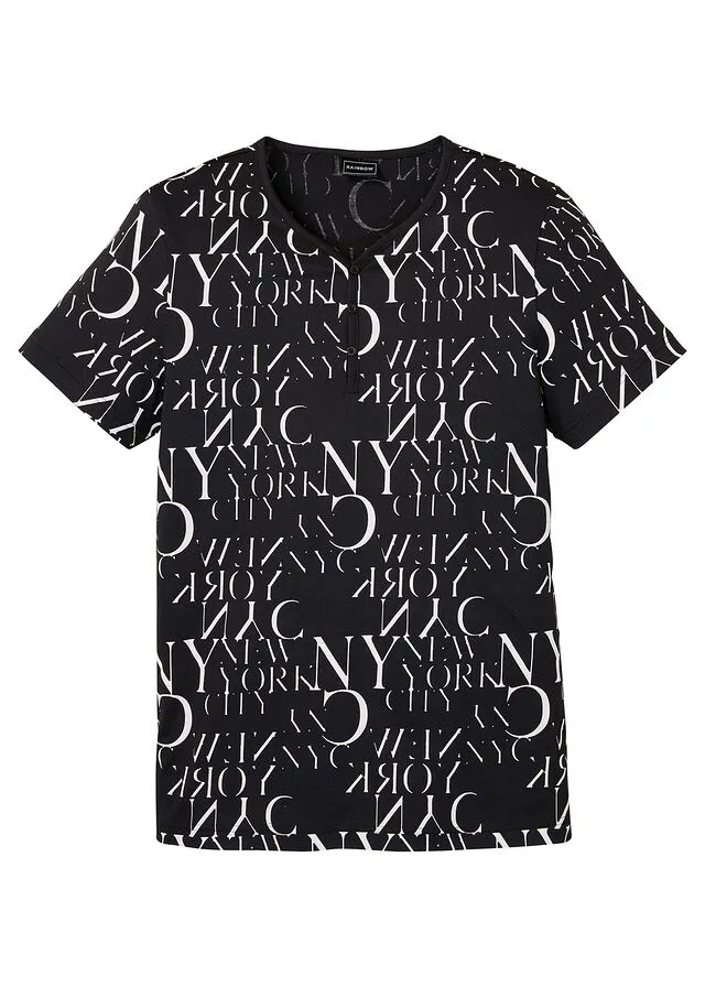 Camiseta con cuello henley, corte ajustado y manga corta Negro estampado