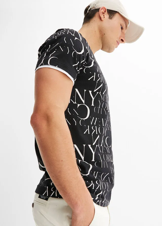 Camiseta con cuello henley, corte ajustado y manga corta Negro estampado