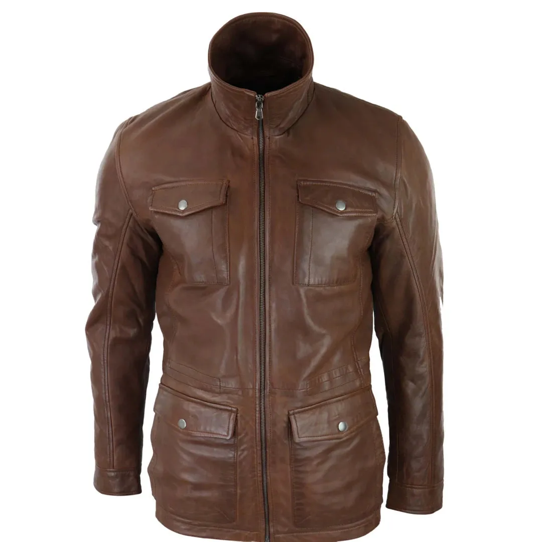 Chaqueta abrigo 3/4 de cuero real clásico color marrón bronce estilo safari para hombre
