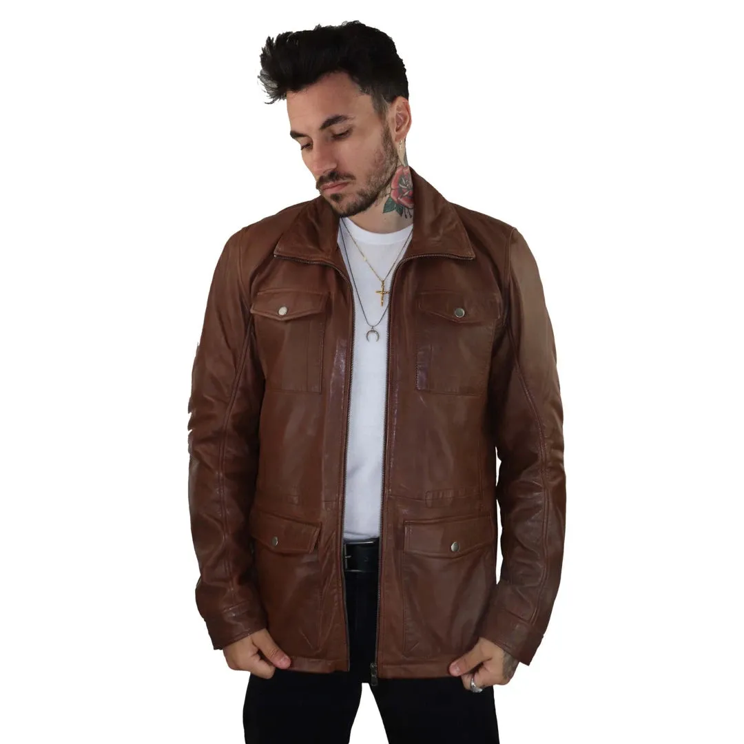 Chaqueta abrigo 3/4 de cuero real clásico color marrón bronce estilo safari para hombre