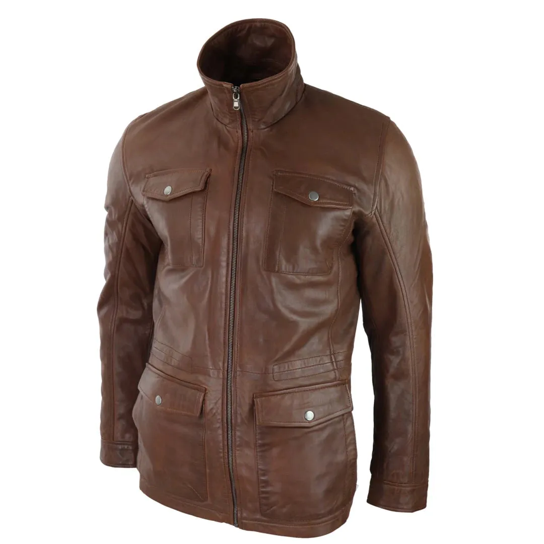 Chaqueta abrigo 3/4 de cuero real clásico color marrón bronce estilo safari para hombre
