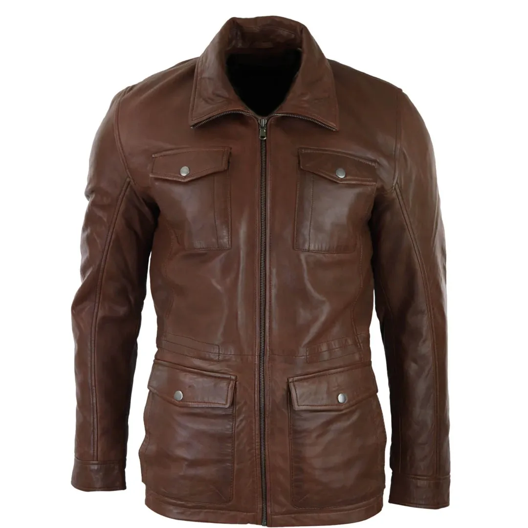 Chaqueta abrigo 3/4 de cuero real clásico color marrón bronce estilo safari para hombre