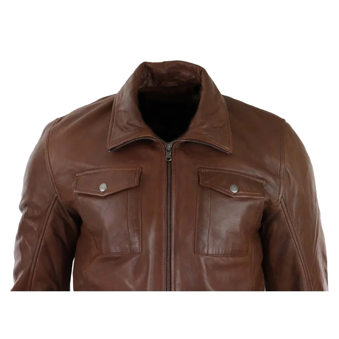 Chaqueta abrigo 3/4 de cuero real clásico color marrón bronce estilo safari para hombre