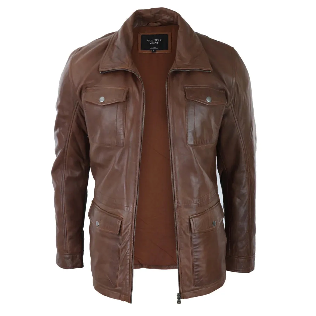 Chaqueta abrigo 3/4 de cuero real clásico color marrón bronce estilo safari para hombre