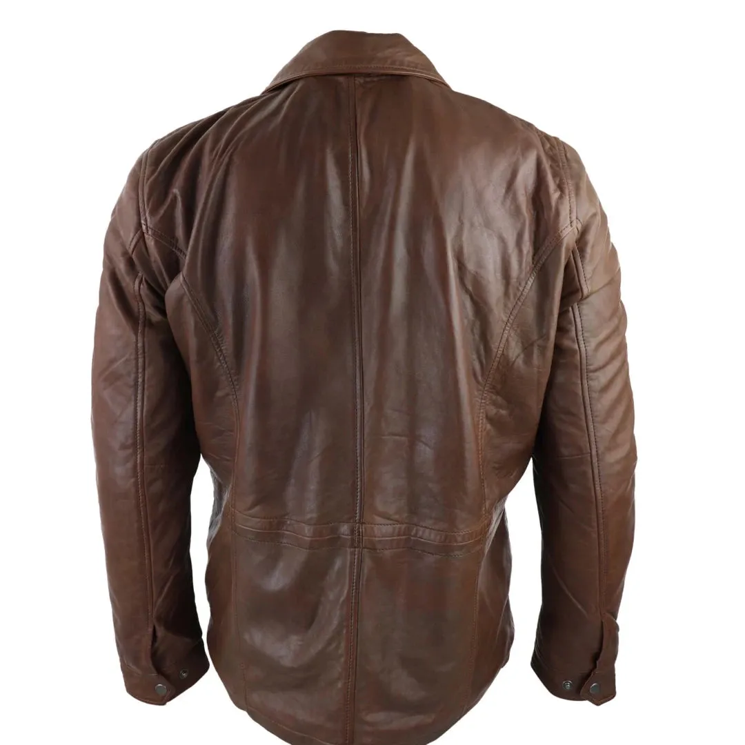 Chaqueta abrigo 3/4 de cuero real clásico color marrón bronce estilo safari para hombre