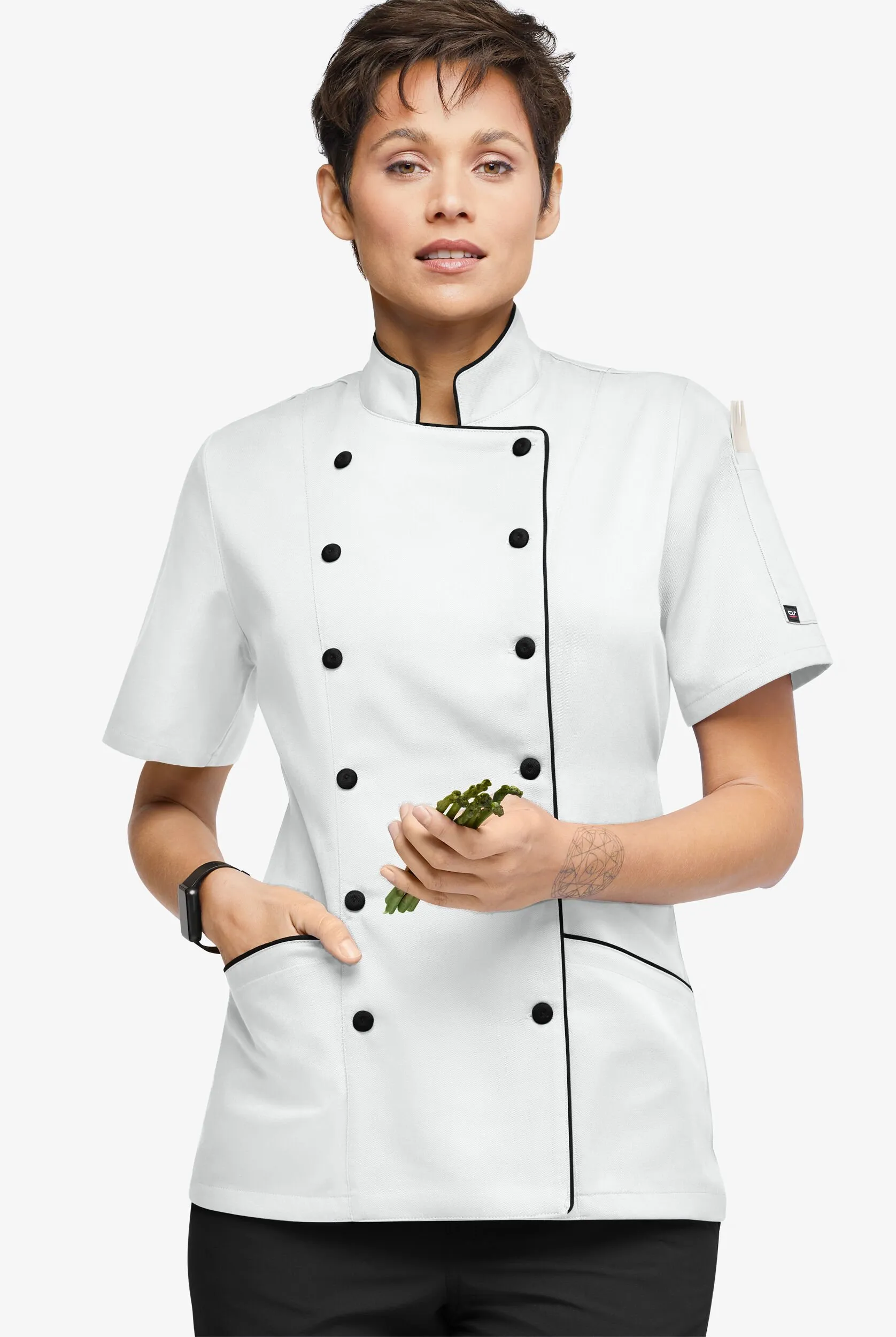 Chaqueta manga corta moderna de gastronomía con ribete y 3 bolsillos para mujer