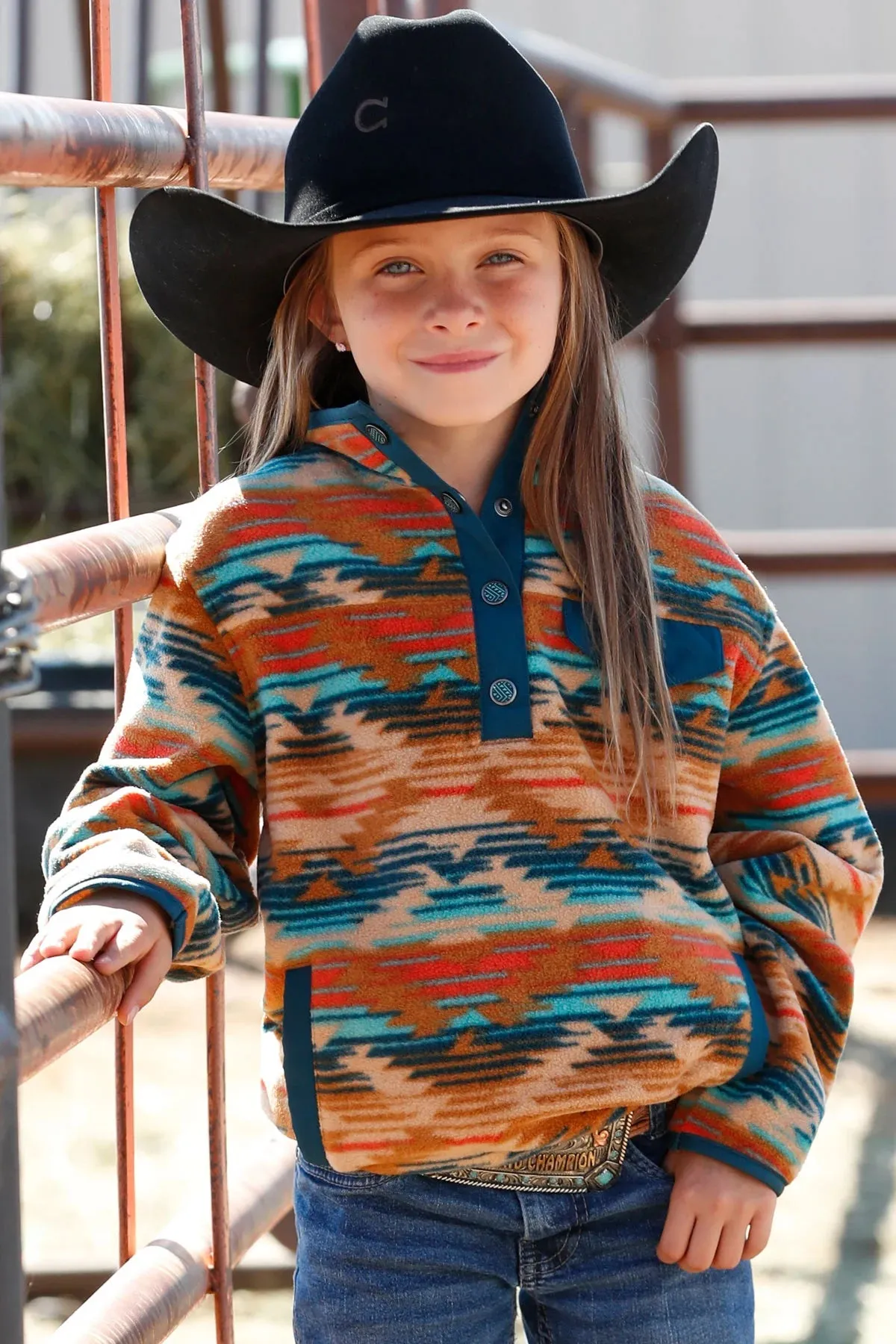 CINCH CRUEL GIRL GIRL'S KHAKI AZTEC FLEECE PULLOVER