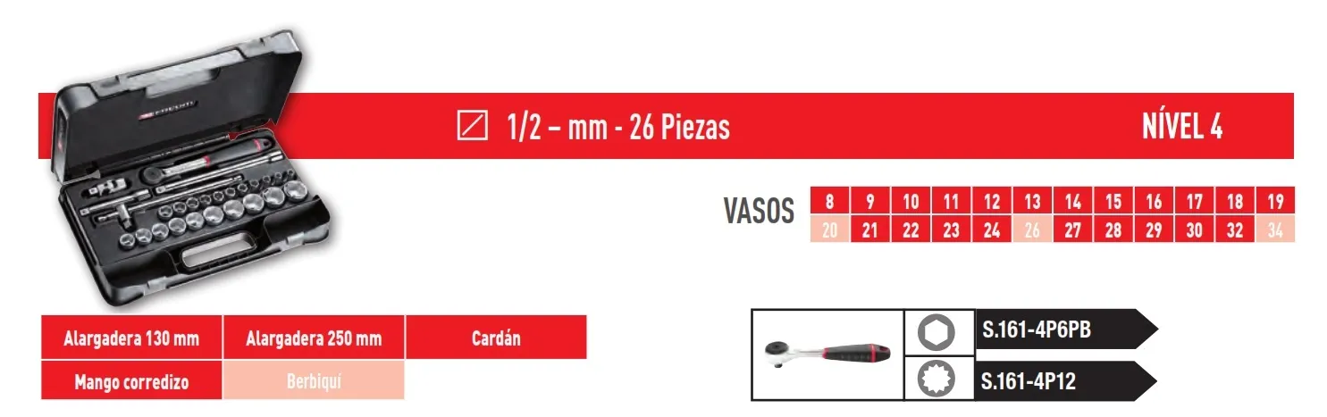 ESTUCHE VASO 1/2 6P MM S.161B 26PC FACOM S.1614P6PB