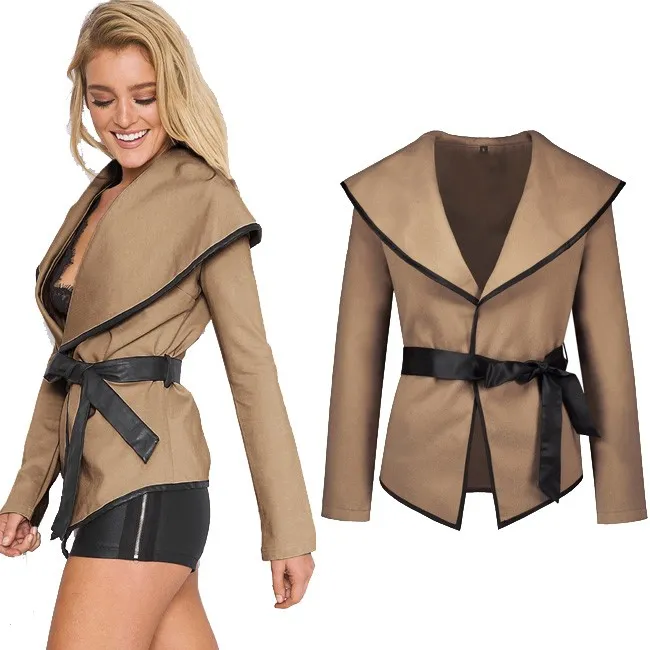 Fashion Sexy Woolen Open Jacket With Belt Women Coat
