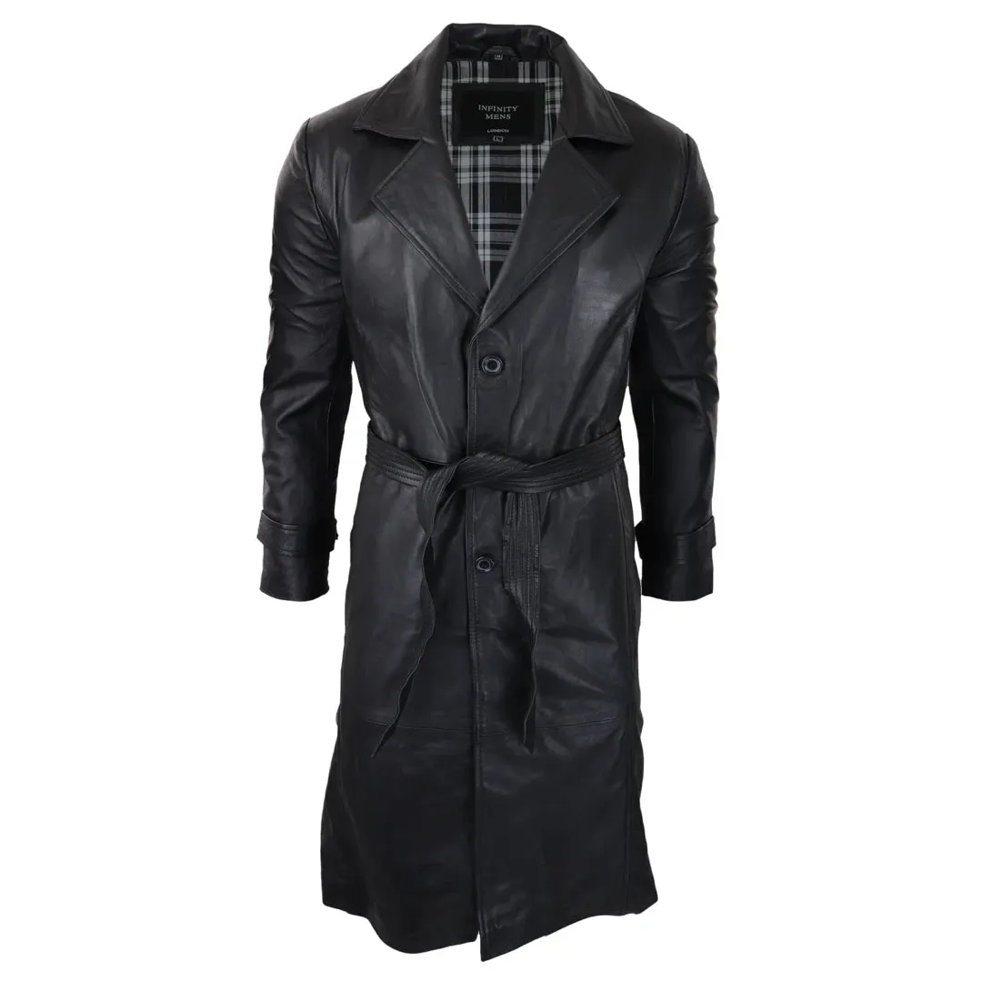 Hombres Negro 3/4 Mac Largo Cuero Clásico Cinturón Punk Chaqueta Abrigo 80s