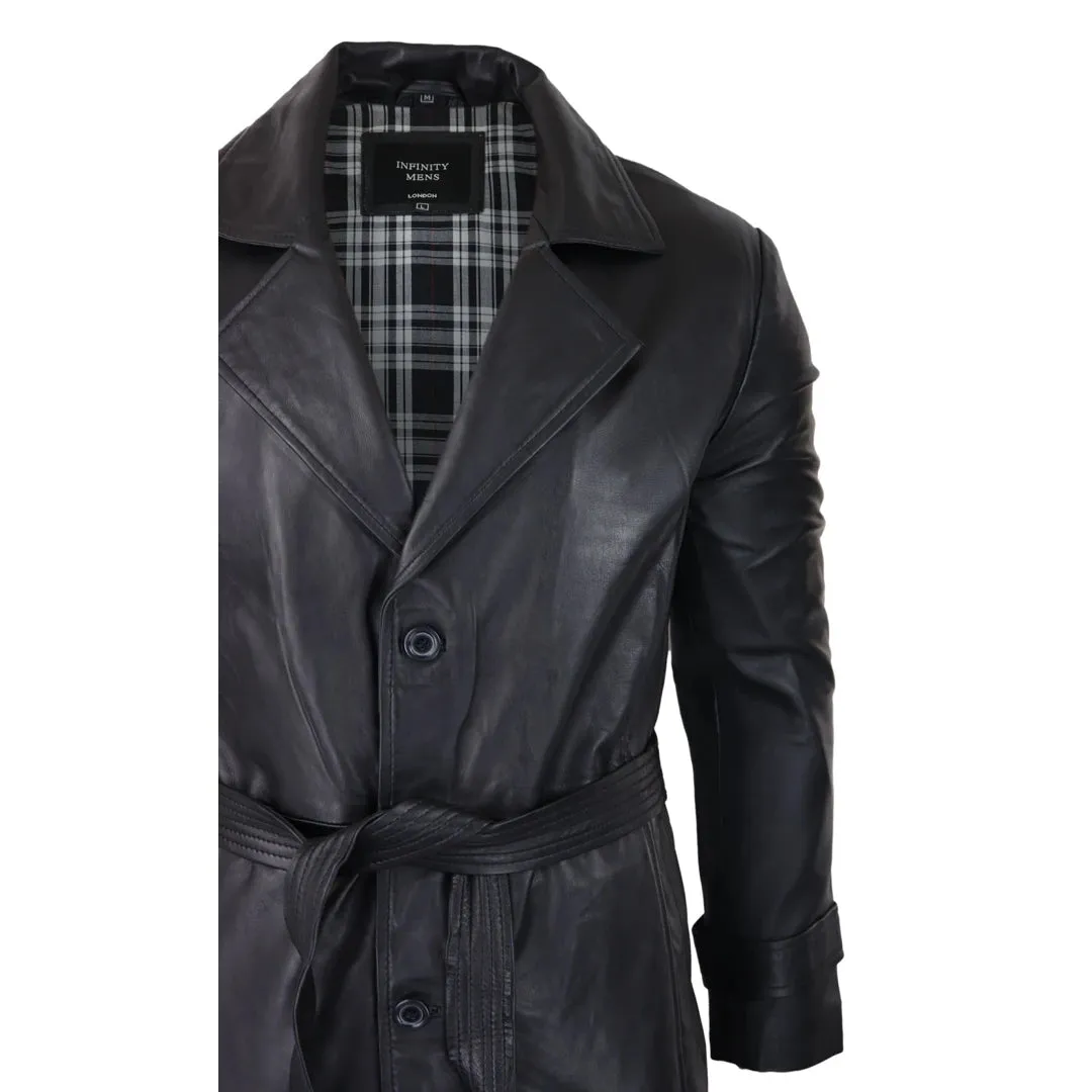 Hombres Negro 3/4 Mac Largo Cuero Clásico Cinturón Punk Chaqueta Abrigo 80s