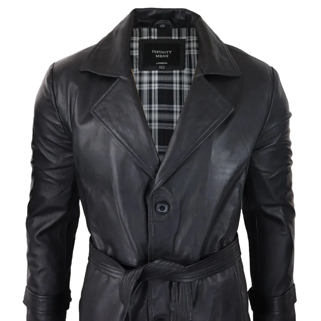 Hombres Negro 3/4 Mac Largo Cuero Clásico Cinturón Punk Chaqueta Abrigo 80s