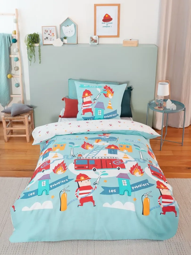 JUEGO DE CAMA CON ESTAMPADO DE 'BOMBERO'  INDIVIDUAL  AZUL