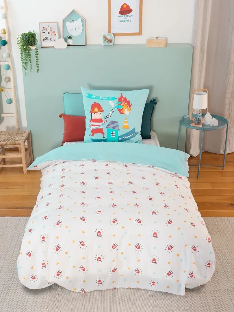 JUEGO DE CAMA CON ESTAMPADO DE 'BOMBERO'  INDIVIDUAL  AZUL