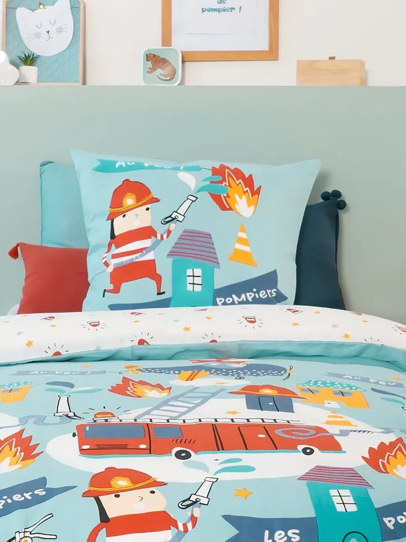 JUEGO DE CAMA CON ESTAMPADO DE 'BOMBERO'  INDIVIDUAL  AZUL