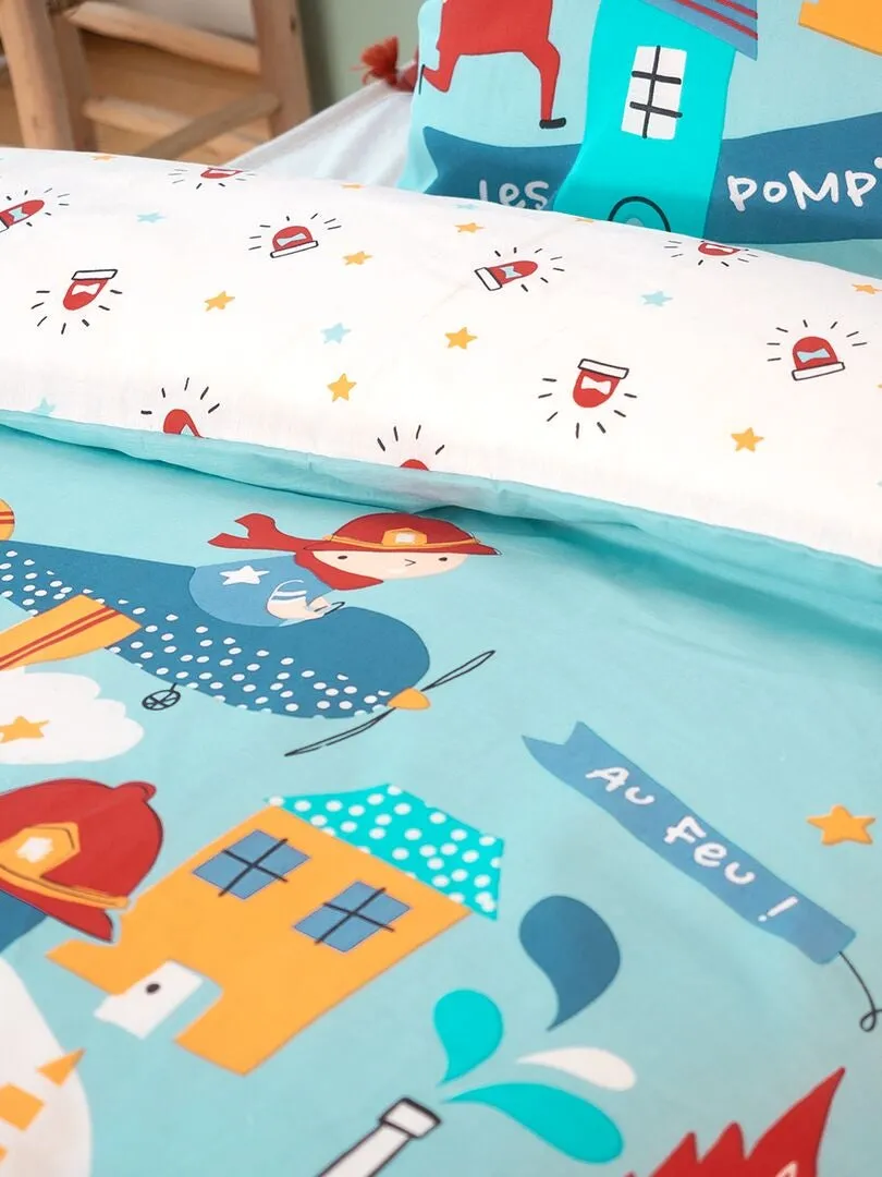 JUEGO DE CAMA CON ESTAMPADO DE 'BOMBERO'  INDIVIDUAL  AZUL