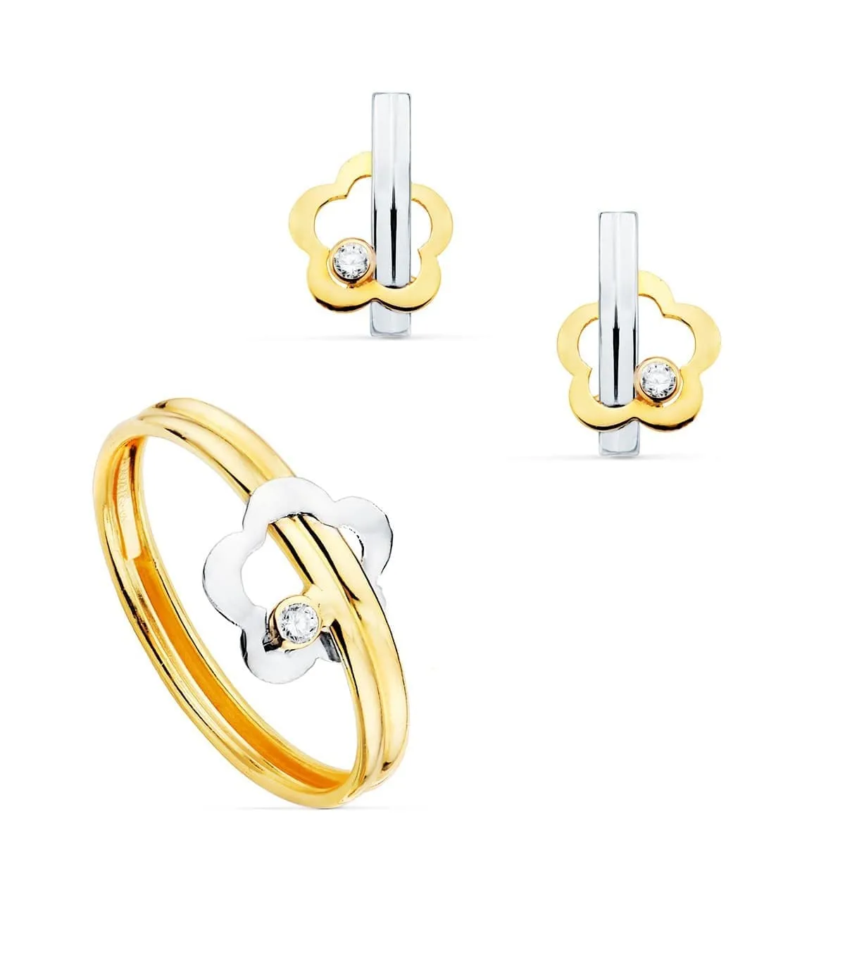 Juego Primera Comunión Oro Bicolor 18K Flor