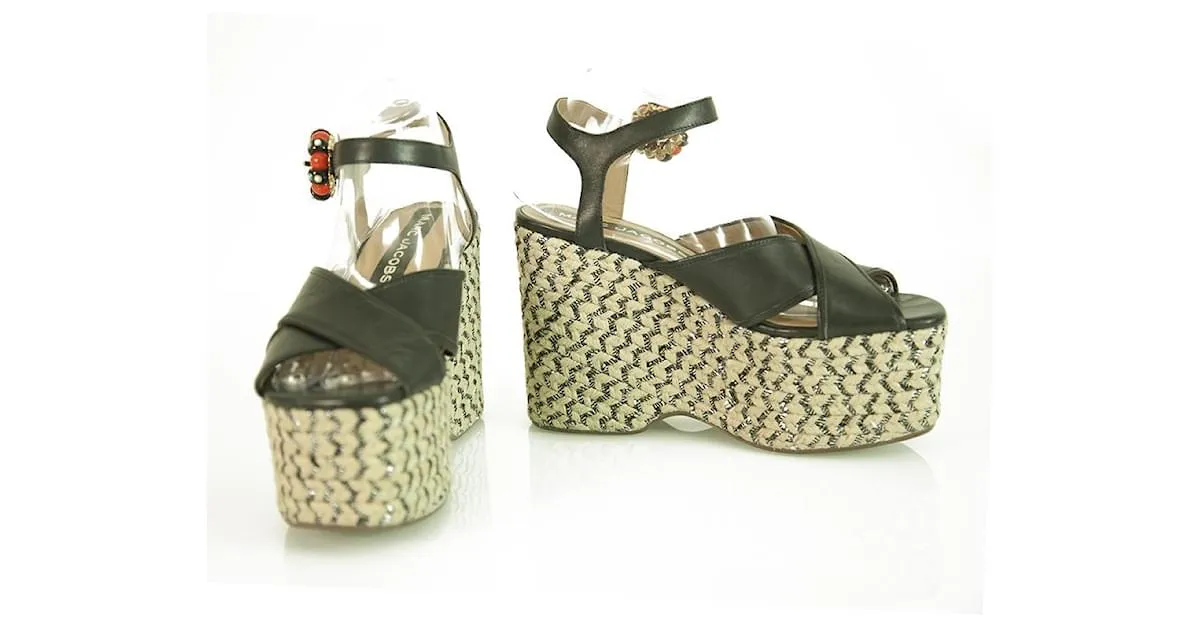 Marc Jacobs Sandalia de cuña con hebilla y cuentas de cuero negro "Rowan" Plataforma SZ 39 