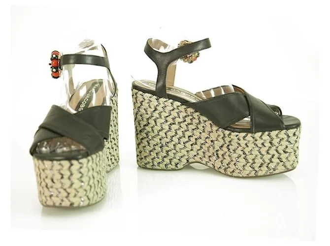 Marc Jacobs Sandalia de cuña con hebilla y cuentas de cuero negro "Rowan" Plataforma SZ 39 