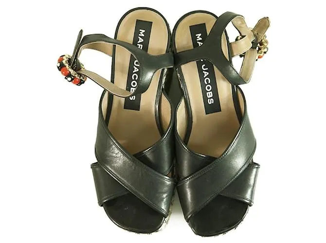 Marc Jacobs Sandalia de cuña con hebilla y cuentas de cuero negro "Rowan" Plataforma SZ 39 