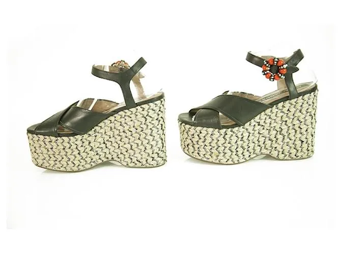Marc Jacobs Sandalia de cuña con hebilla y cuentas de cuero negro "Rowan" Plataforma SZ 39 