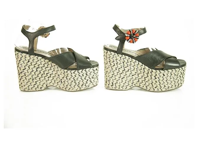 Marc Jacobs Sandalia de cuña con hebilla y cuentas de cuero negro "Rowan" Plataforma SZ 39 