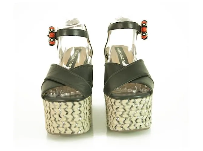Marc Jacobs Sandalia de cuña con hebilla y cuentas de cuero negro "Rowan" Plataforma SZ 39 