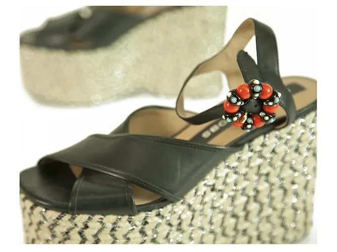Marc Jacobs Sandalia de cuña con hebilla y cuentas de cuero negro "Rowan" Plataforma SZ 39 