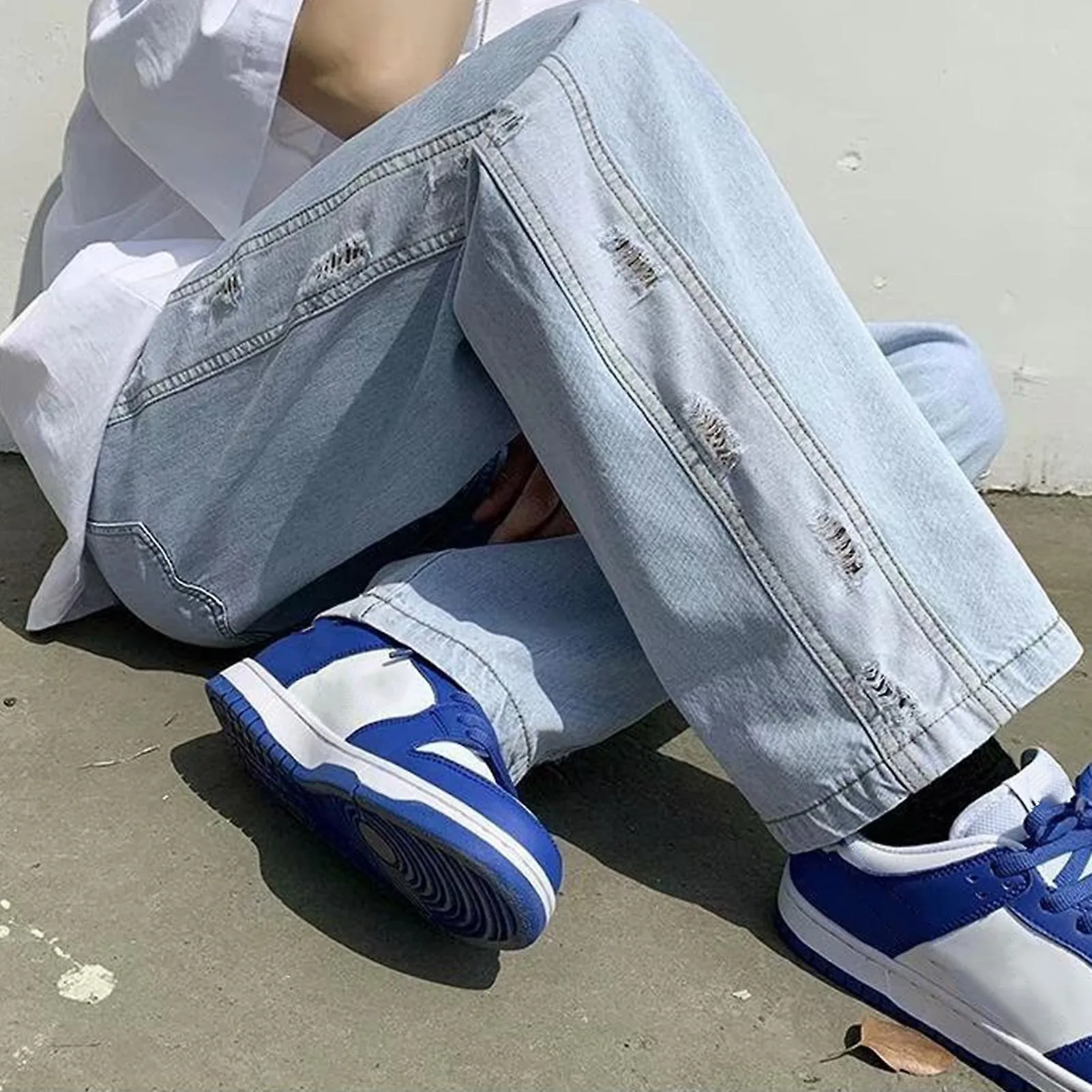 Men Distressed Denim Pants Wide Leg Causal Loose Comfortable Men Denim Trousers Pants For Daily School