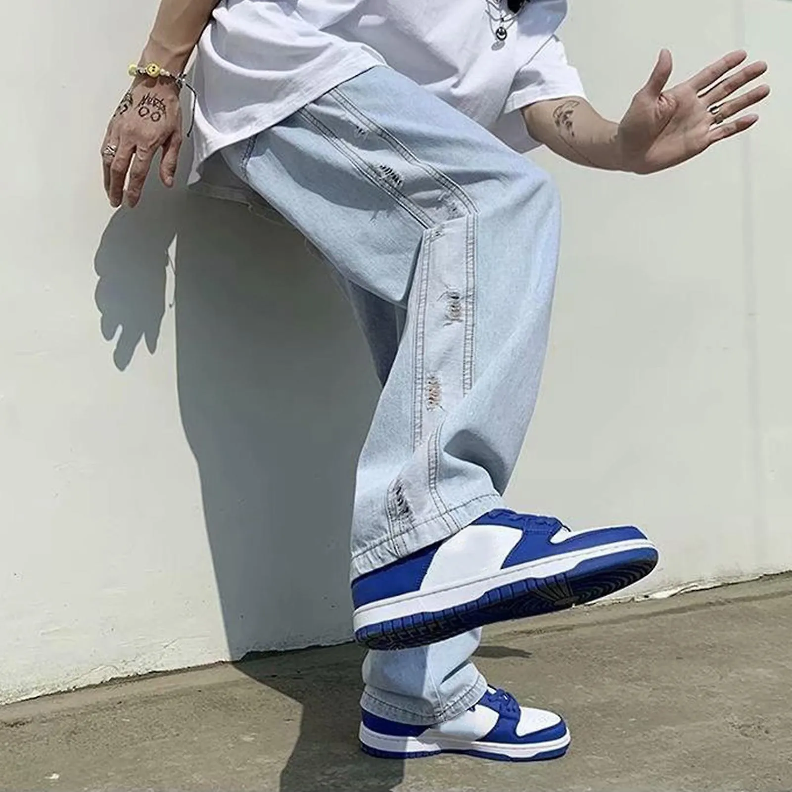 Men Distressed Denim Pants Wide Leg Causal Loose Comfortable Men Denim Trousers Pants For Daily School
