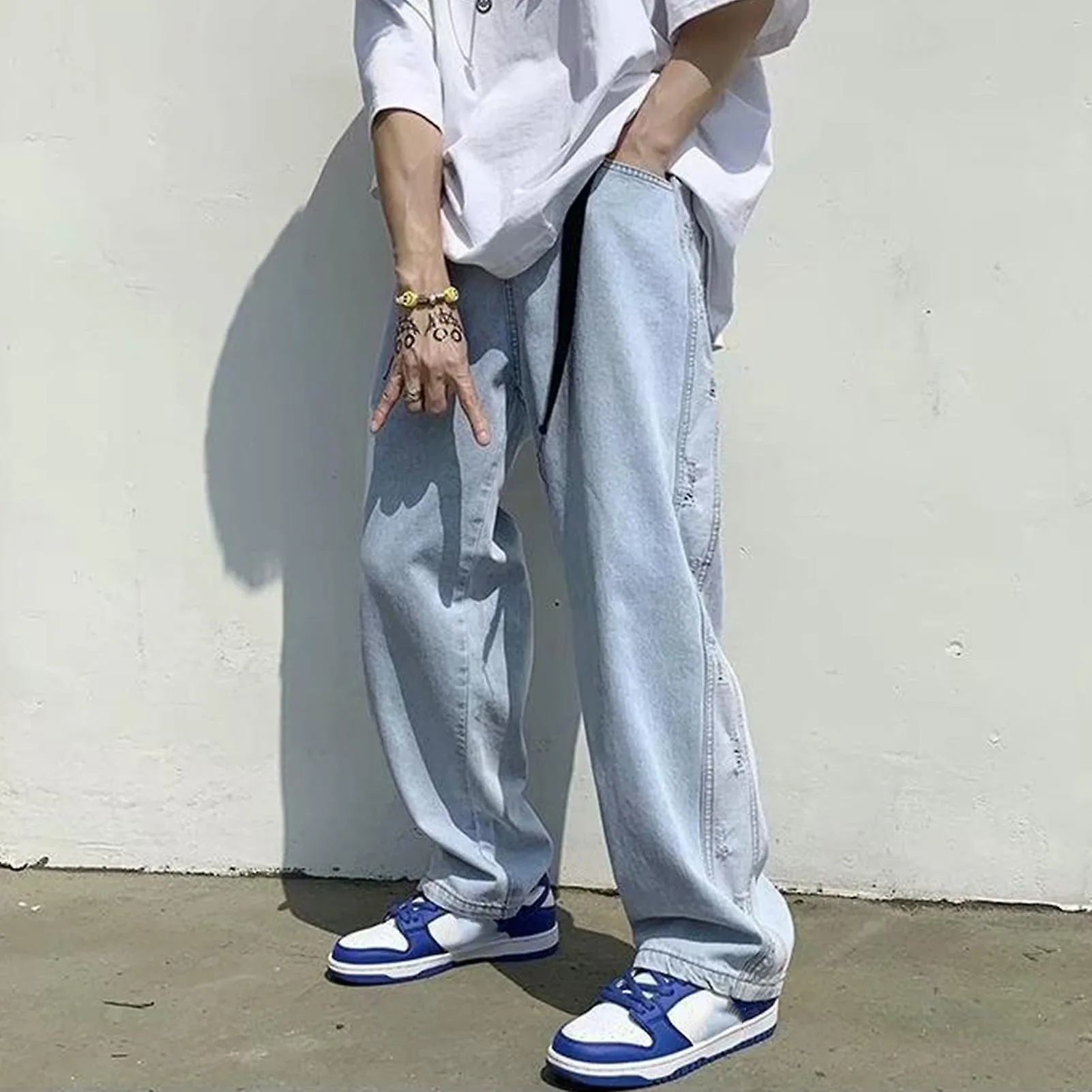 Men Distressed Denim Pants Wide Leg Causal Loose Comfortable Men Denim Trousers Pants For Daily School