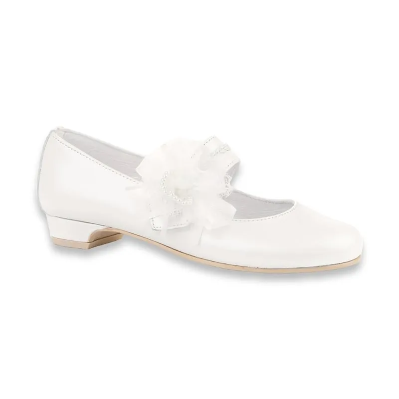 Merceditas Comunión Tacón Niña Piel Nacarada Flor Tul Y Perlas Velcro 997 Blanco, de Angelitos