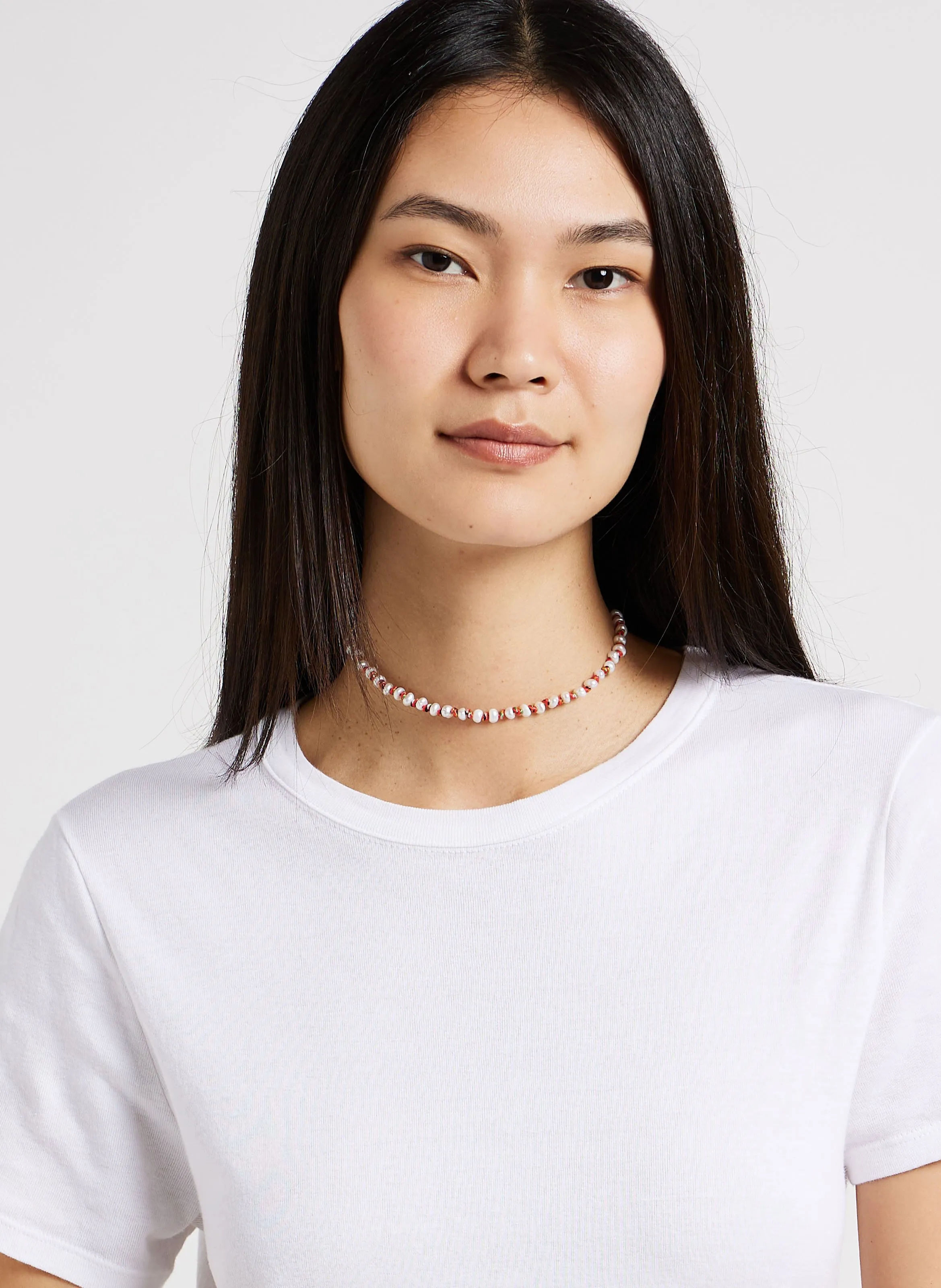 MON PRECIEUX GEM Collar de cordón con perlas naturales en blanco