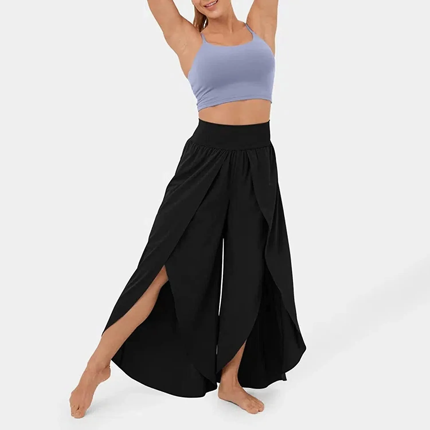 Pantalones de pierna ancha para mujer, pantalones de yoga de cintura alta con aberturas, pantalones casuales Flowy Beach Palazzo