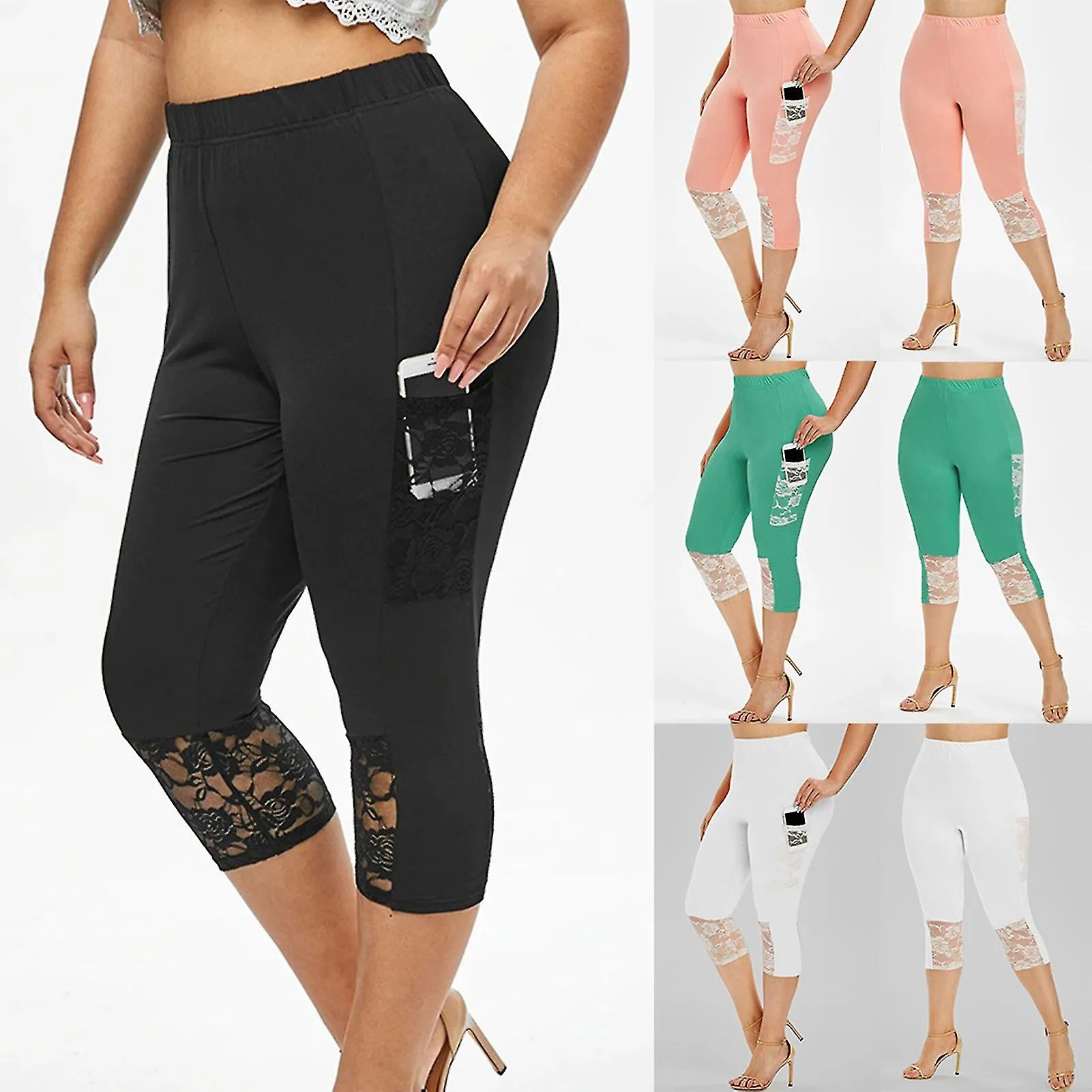 Pantalones Slim Capri para mujeres Encaje Costura Leggings Pantalones elásticos de yoga