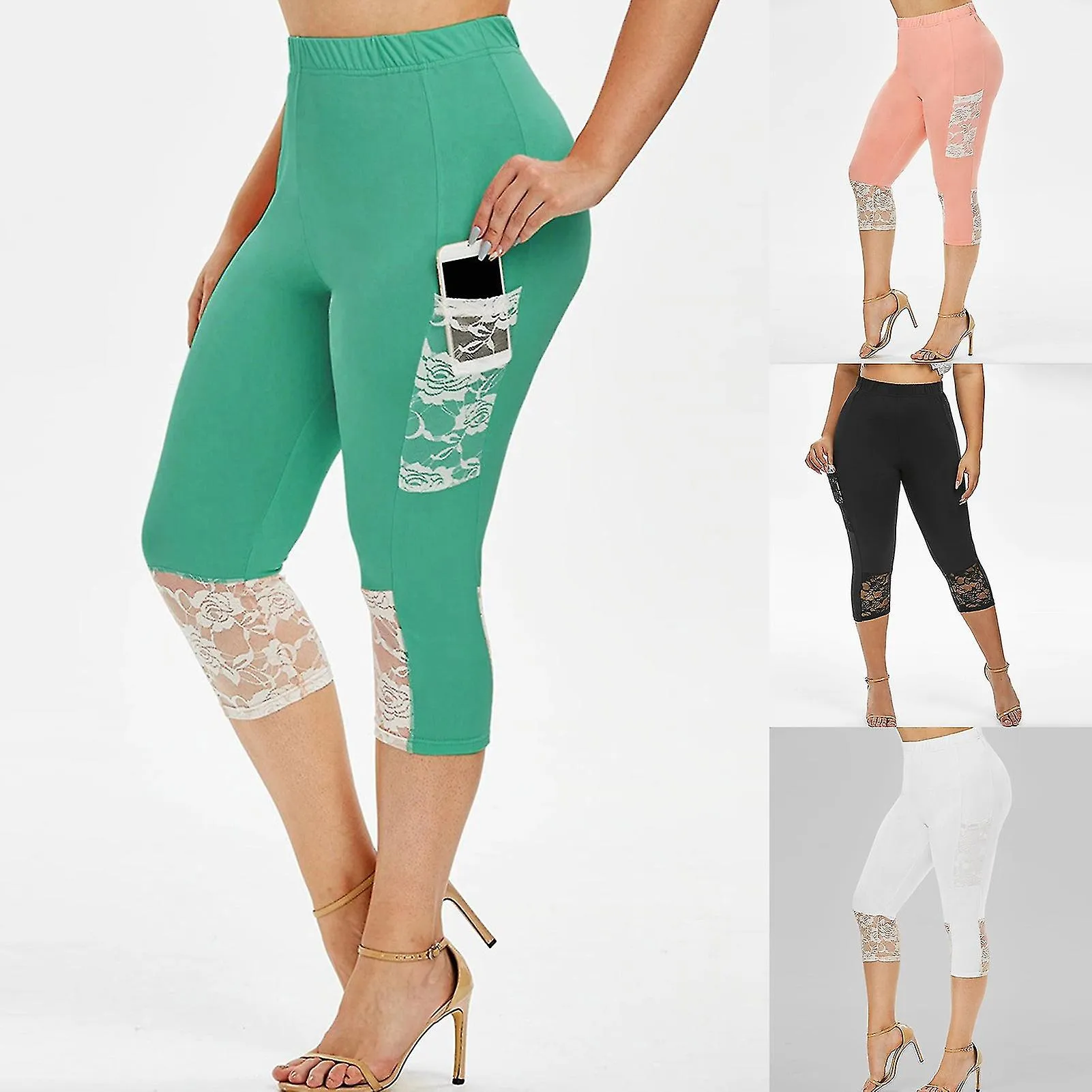 Pantalones Slim Capri para mujeres Encaje Costura Leggings Pantalones elásticos de yoga