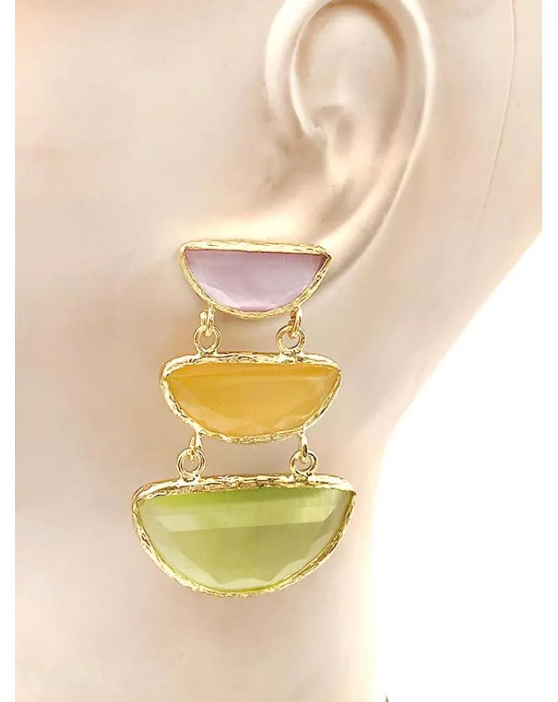 PENDIENTES LARGOS ELEGANTES CON TRIO DE PIEDRAS PASTEL