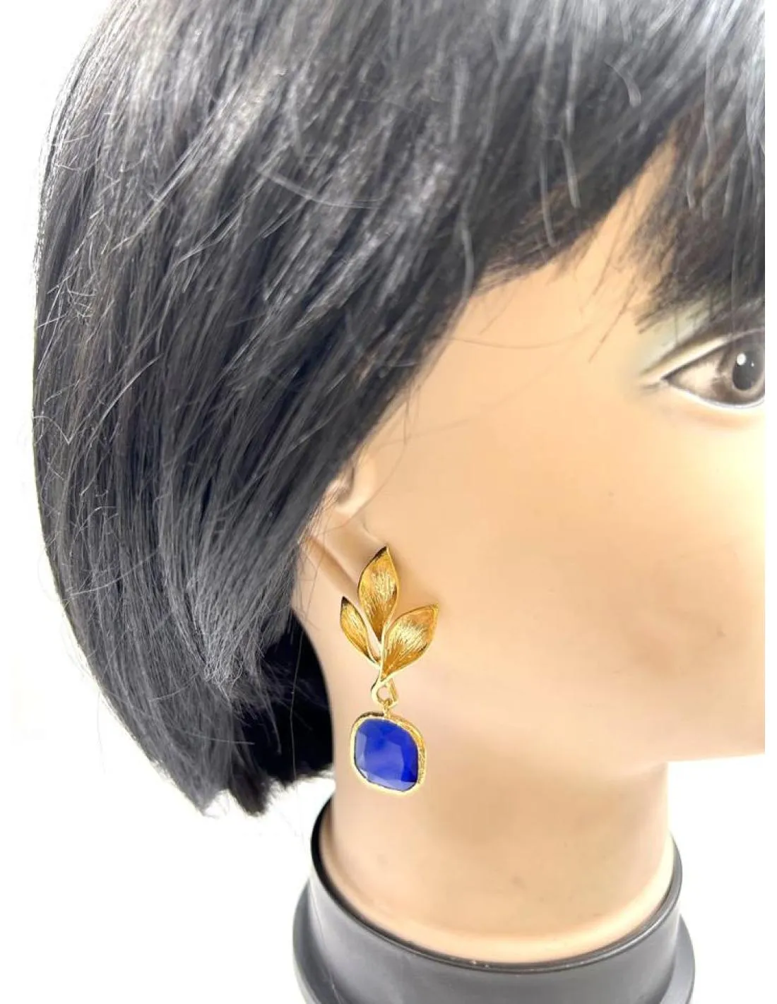 PENDIENTES MUJER LARGOS DORADOS Y AZULONES PARA CEREMONIAS