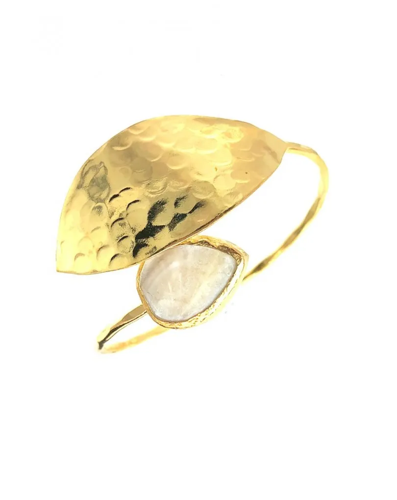 PULSERAS MUJER ORO BAÑO BONITA HOJA DECORADA CON PIEDRA BLANCA