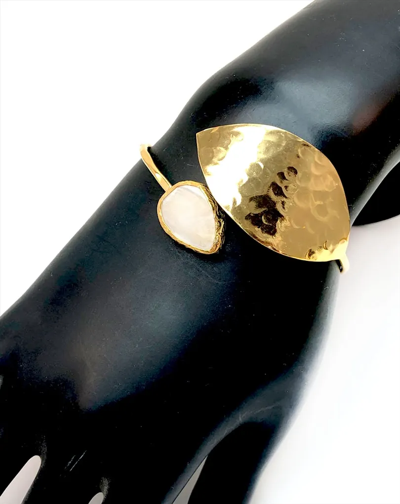 PULSERAS MUJER ORO BAÑO BONITA HOJA DECORADA CON PIEDRA BLANCA