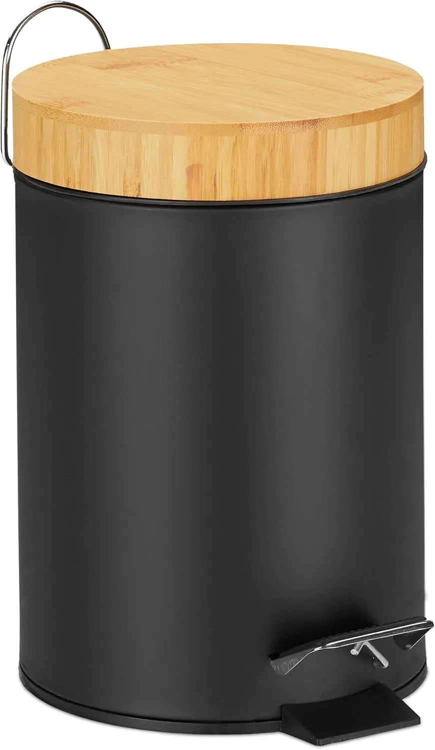Relaxdays Pedal Cubo Basura Baño  3 L  Mecanismo de Cierre Suave  Tapa Bambú  Interior Extraíble  Papelera Aseo  Negro  24.5 x 1