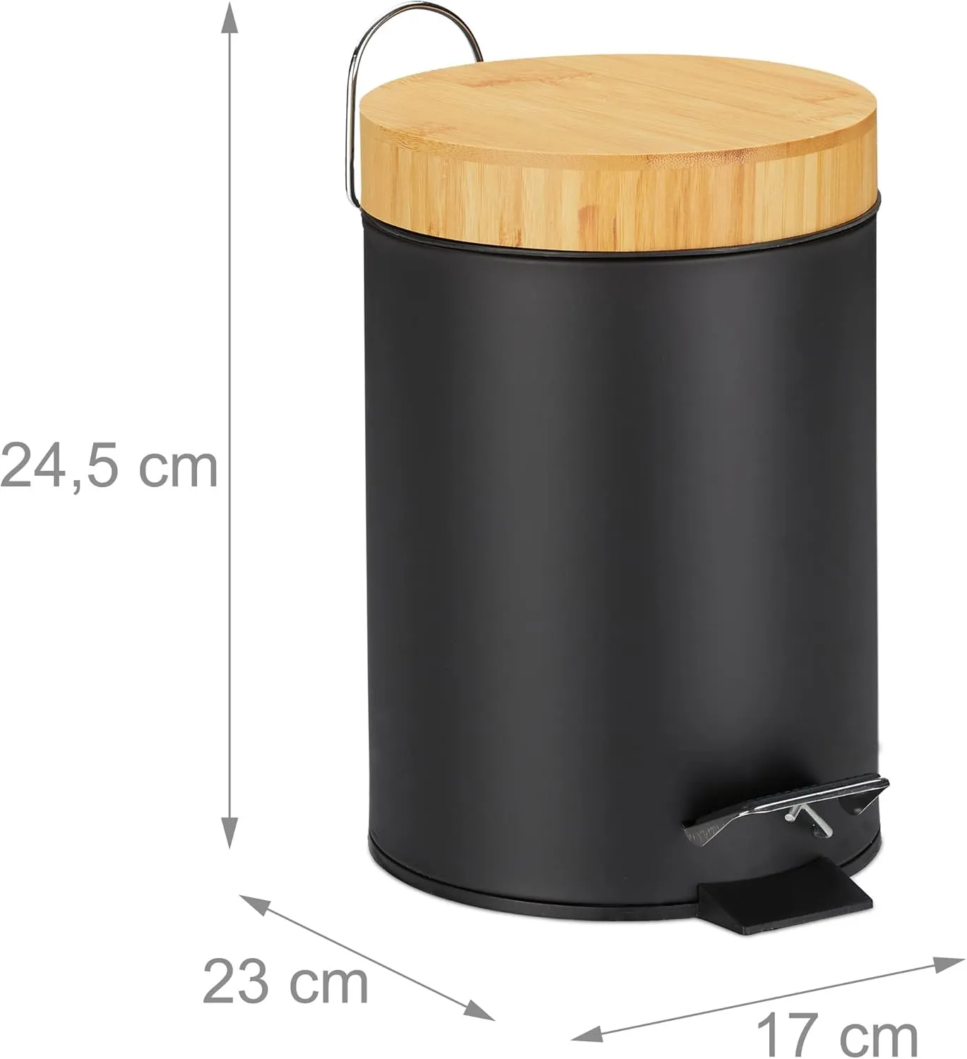 Relaxdays Pedal Cubo Basura Baño  3 L  Mecanismo de Cierre Suave  Tapa Bambú  Interior Extraíble  Papelera Aseo  Negro  24.5 x 1