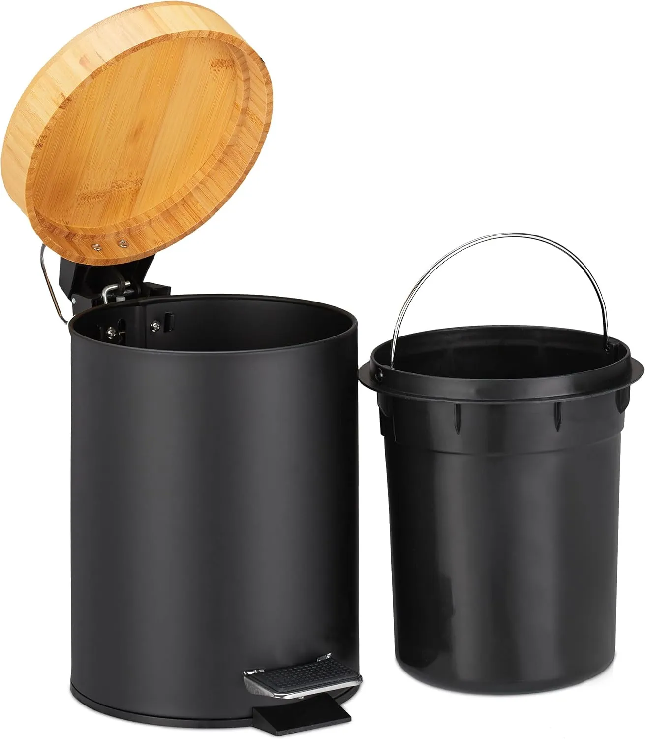 Relaxdays Pedal Cubo Basura Baño  3 L  Mecanismo de Cierre Suave  Tapa Bambú  Interior Extraíble  Papelera Aseo  Negro  24.5 x 1
