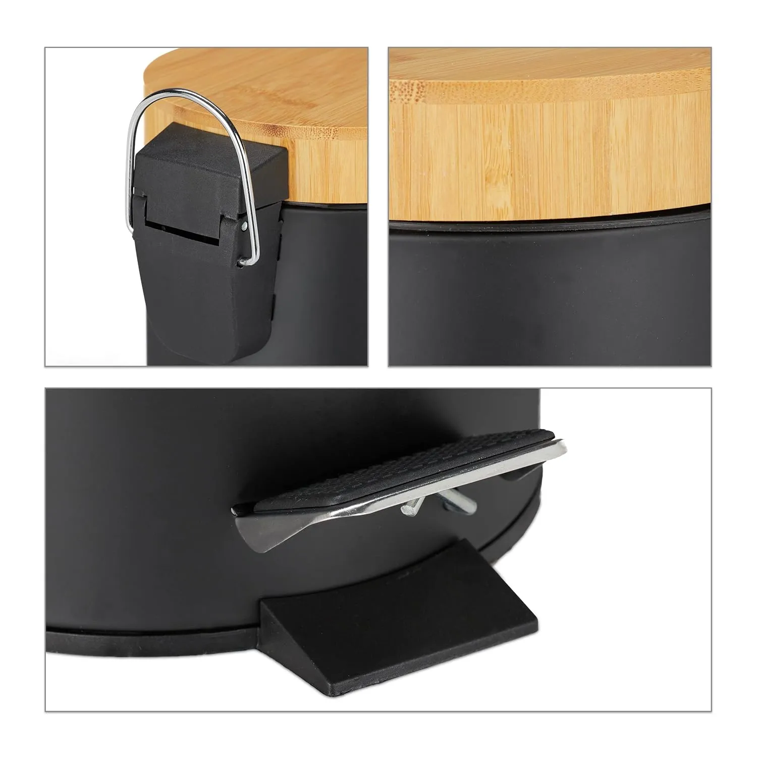 Relaxdays Pedal Cubo Basura Baño  3 L  Mecanismo de Cierre Suave  Tapa Bambú  Interior Extraíble  Papelera Aseo  Negro  24.5 x 1