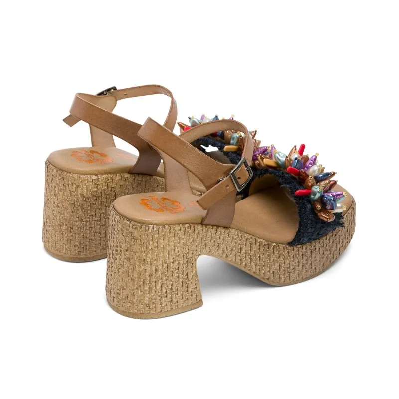 SANDALIA TACON PIEL Y TEXTIL NATURAL AZUL JILLIAN