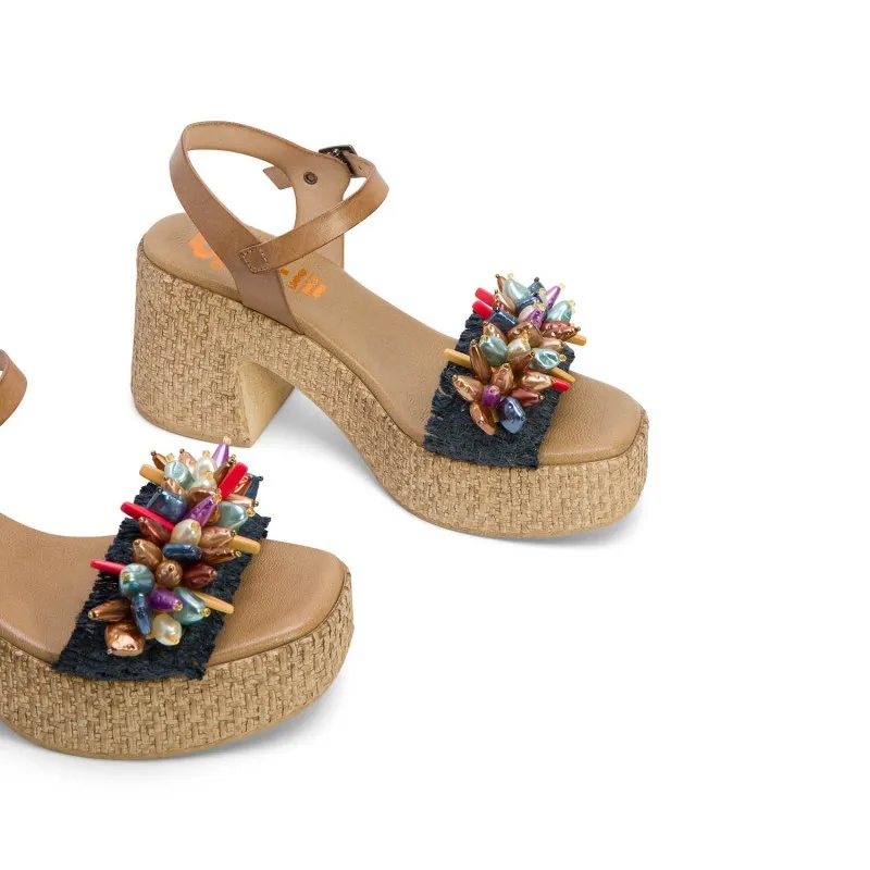 SANDALIA TACON PIEL Y TEXTIL NATURAL AZUL JILLIAN
